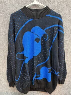 Distinctly Different Women's XL Black Blue Abstract Knit Pullover Sweater